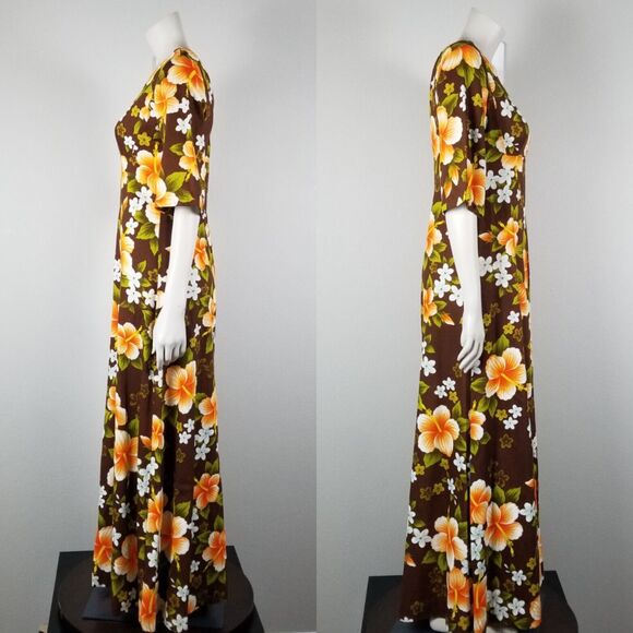 Ui-Maikai Hawaiian VTG 70s Empire  Hibiscus Print Maxi Brown Dress Size Small - Picture 2 of 13